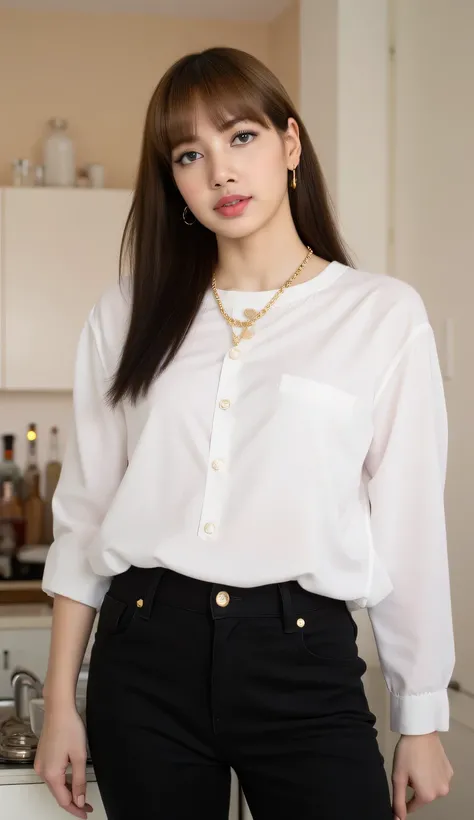 A beautiful woman, standing in the kitchen,  front facing, using a white oversize shirt, Black trousers, big boobs,  slim waist, red lips,