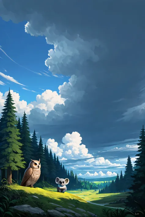 koala,Owl,two different animals,high resolution,enchanting landscape,Forest , sky ,Clouds,ATMOSPHERIC ,Story