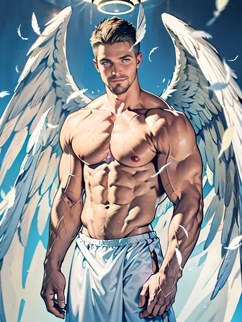 NSFW , Clear background, handsome tall man standing (((Stephen AMELL as an angel  with )large wings)))) ,He is 28 years old,narrow waist，The pectoral muscles are well developed, He is 175cm tall，Weight 80 kg、blue-green eyes、brown hair color、short hair、Topl...