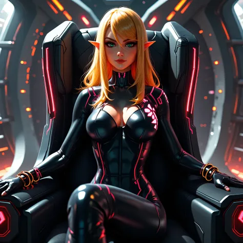 CINDERELLA dressed in her digital avatar, A warrior in shining armor and special powers, 1girl,  seductive shapes, seductive body and curves, blonde, pretty face,  determined look , pointy elf-like ears,  golden hair, golden neon-colored eyes, Beautiful me...