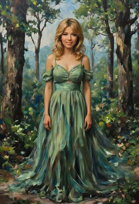JennetteMcCurdy, extremely detailed, highres, forest background, beautiful detailed woman, light on face, looking at viewer, POV, gown, smile, perfect face, solo, impasto oil painting.