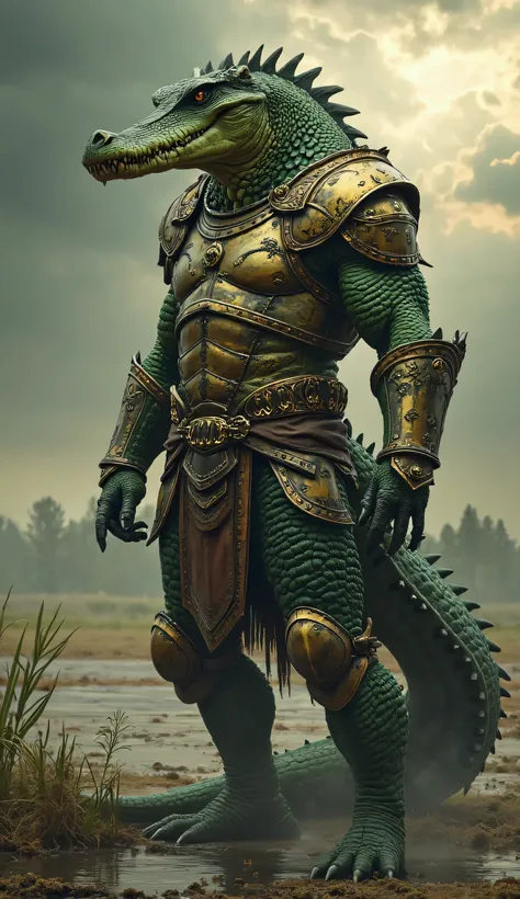 A hybrid creature between man and crocodile, shape combining the brutal strength and resistance of the amphibian predator with the intelligence and discipline of a warrior. His body is muscular and covered by sturdy scales in shades of dark green golden, p...