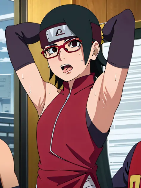 Sarada Uchiha,human woman with fair skin. She is a r with black eyes and red clothing. Her hair is black in color; She is beautiful.Wearing red rimmed glasses.Tsundere face. Pink eye shading,mature appearance,armpits,sweat,sweaty,sweaty armpits,arms up,s...
