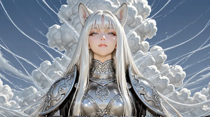 A tall, white-haired girl with dog ears and a Japanese facial appearance is captured mid-air, leaping dynamically against a backdrop of towering cumulonimbus clouds. She wears a beautifully crafted Western-style suit of armor, intricately designed with eng...