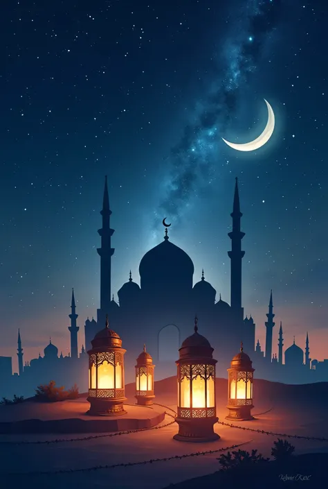 image with Ramadan lanterns and mosques and crescent moon and sky full of stars