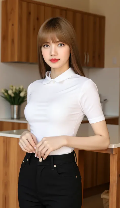 A beautiful woman, standing in the kitchen, front facing, using a white casual shirt , Black trousers, big boobs, red lips,