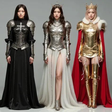 The same Rose Makina woman stands exactly full-length images in three different erotic outfits, 1 type - black leather armor for a clergyman nun with steel plates, cross black leather corset with silver patterns and black leather dress with silver chains, ...