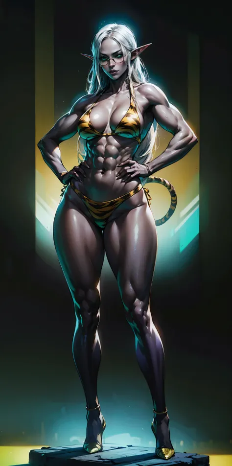 Full body, masterpiece, 1solofemale DROW elf purple skin standing dynamic pose (yellow tiger bikini) long white hair, strong body, abs, navel, shinny skin, smooth and silky skin, black sunglasses (green background)