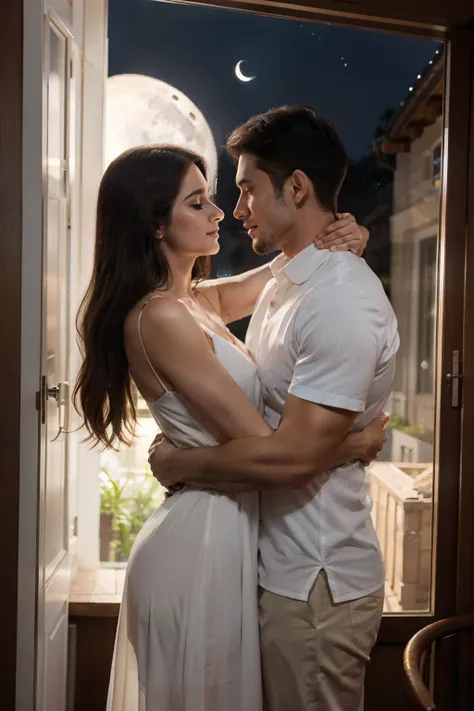 Handsome man hugging woman by the window under the beautiful night moon staring at each other at the moon His decently long dress covered in white