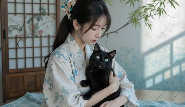 Japanese woman holding a blue-eyed black cat