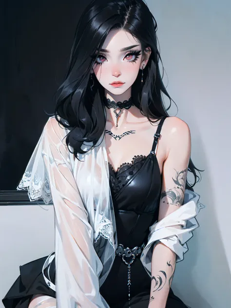 emo_hairstyle,, black tie, ((long hair)), ((straight hair)), (((black hair))), white skin, pale, white, , tired expression, choker, ((dark makeup, mascara, eyeshadow, tattoos)), multiple piercings, best quality, 8k,, erotic, slytherin, (fishnet outfit, lac...