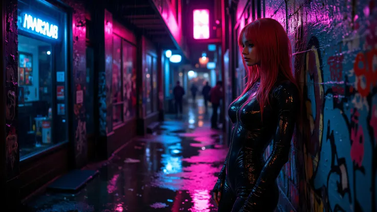 A striking cyberpunk-style girl with long, wavy red hair stands in a narrow alleyway under heavy rain. She wears a tight black leather bodysuit with a zipper running down the front. Her left hand rests against a graffiti-covered wall while rainwater runs d...