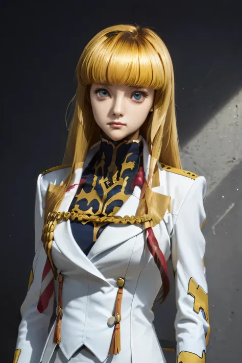 perfect anatomy top quality,highest resolution in elementary school,(((Shiny military uniform Shiny Blonde Dark blue eyes shiny skin))) cord gears Monica long hair straight expressionless flat chest woman cool