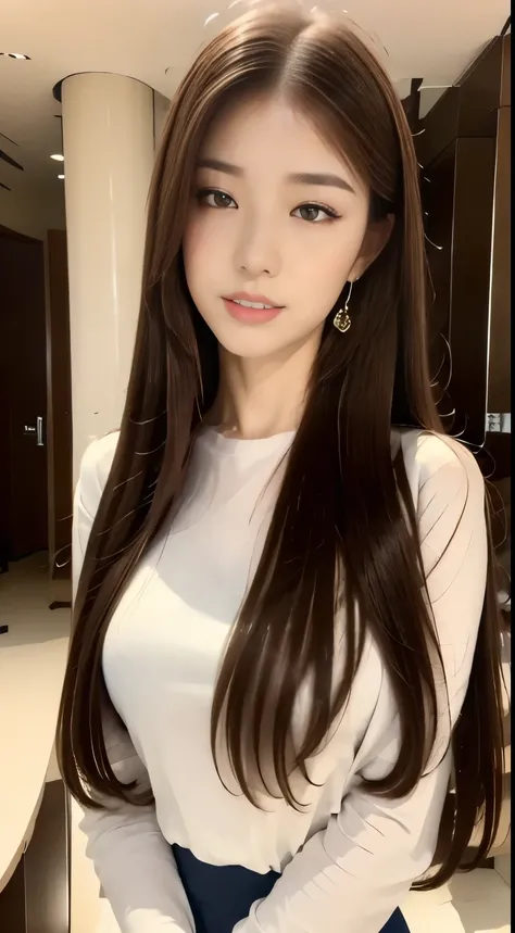 (( top quality, 8k,  masterpiece :1.3)),  one girl, (( staring at the camera from the front )), shake hands,  sensual expression:1.3,Asking for a kiss:1.3, dynamic pose,beautiful woman, ( dark brown hair),  Big Breasts:1.3,white long sleeve t-shirt , Dark ...