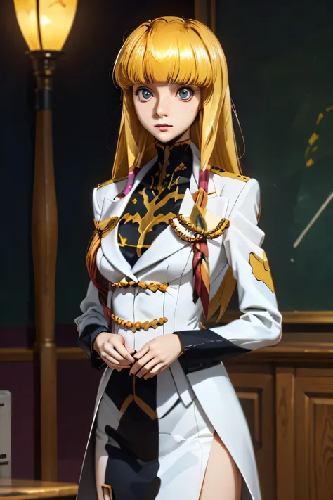 perfect anatomy top quality,highest resolution in elementary school,(((Shiny military uniform Shiny Blonde Dark blue eyes shiny skin))) cord gears Monica long hair straight expressionless flat chest woman cool