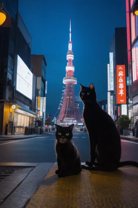 stained glass art、Night view of Tokyo Tower and black cat