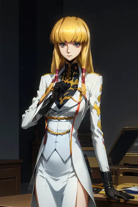 perfect anatomy top quality,highest resolution in elementary school,(((Shiny military uniform Shiny Blonde Dark blue eyes shiny skin))) cord gears Monica long hair straight expressionless flat chest woman cool