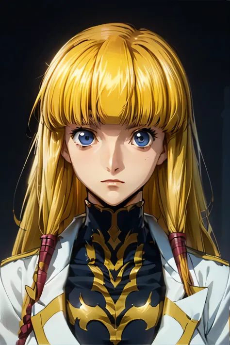 perfect anatomy top quality,highest resolution in elementary school,(((Shiny military uniform Shiny Blonde Dark blue eyes shiny skin))) cord gears Monica long hair straight expressionless flat chest woman cool