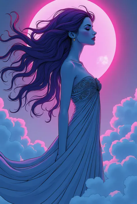 ethereal purple hair goddess floating in the clouds profile view full body, simplistic comic book style black lines neon colors