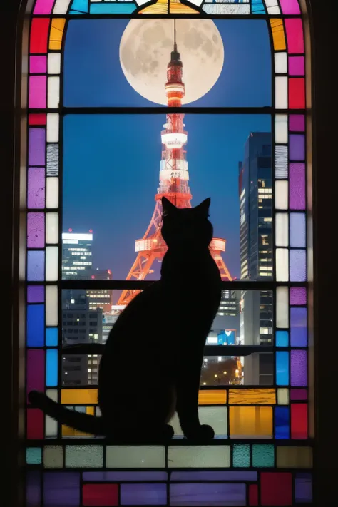 A stained glass artwork, Tokyo tower and a black cat, moon