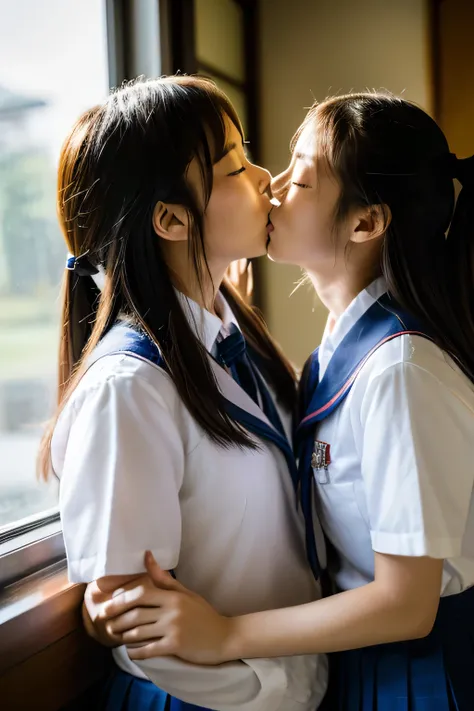 ((masterpiece)), (two Japanese girls), (18 years old), (((school uniform))), (((closed eyes))), indoor, ((kissing)), windows, 