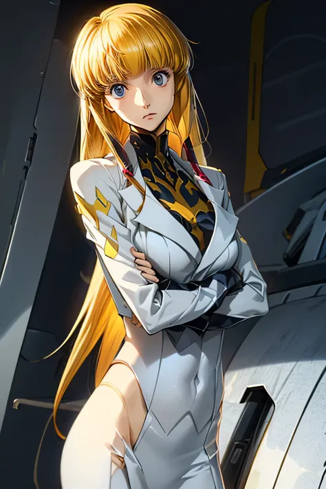 perfect anatomy　top quality,highest resolution in elementary school,(((shiny white pilot suit　Shiny Blonde　Dark blue eyes　shiny skin)))　cord gears　Monica　long hair　 straight 　expressionless　flat chest　woman　cool