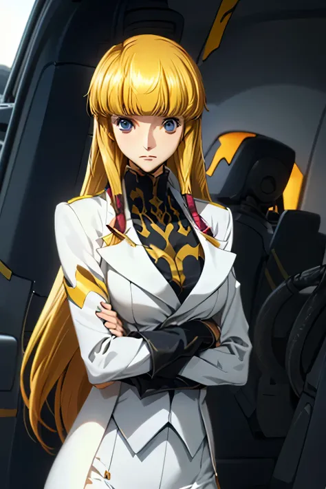 perfect anatomy　top quality,highest resolution in elementary school,(((shiny white pilot suit　Shiny Blonde　Dark blue eyes　shiny skin)))　cord gears　Monica　long hair　 straight 　expressionless　flat chest　woman　cool