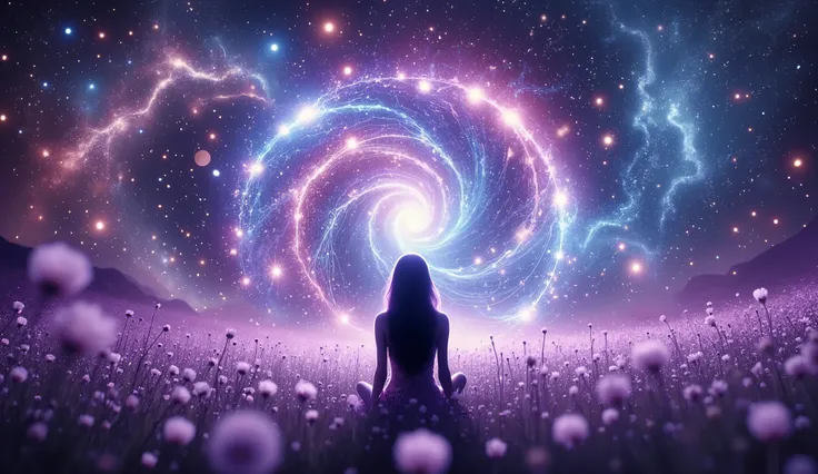A solitary woman resting on her elbows in a glowing flower field, staring up at intricate star patterns formed by a mathematical equation, with a dreamy aurora borealis above, surreal fantasy art, ethereal atmosphere, soft ambient light, deep purple and bl...