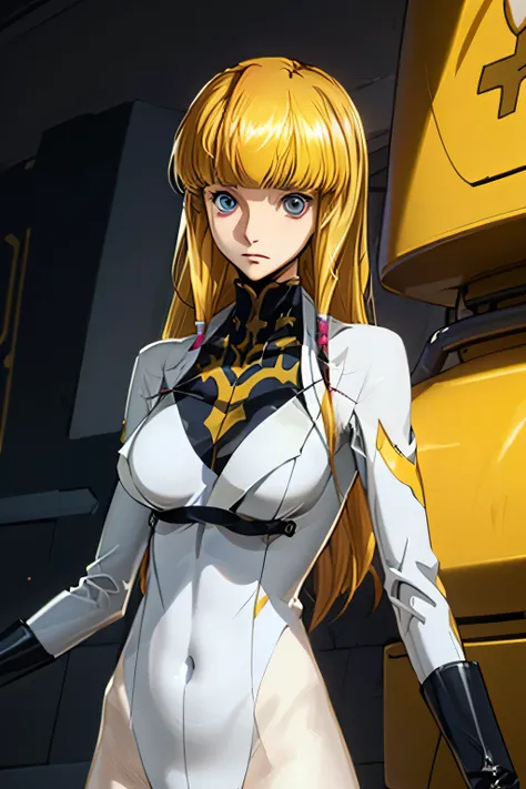 perfect anatomy　top quality,highest resolution in elementary school,(((shiny white pilot suit　bodysuit　Shiny Blonde　Dark blue eyes　shiny skin)))　cord gears　Monica　long hair　 straight 　expressionless　flat chest　woman　cool