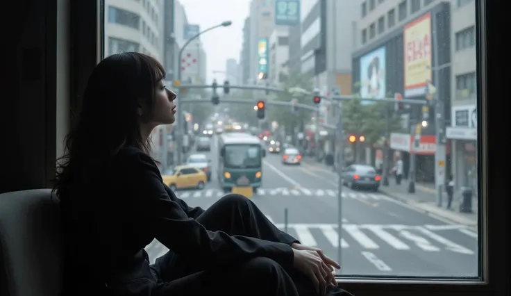 A Japanese woman in her 40s in chic clothes sitting by the window and looking at the streetscape