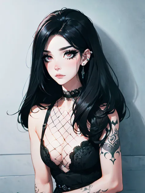 emo_hairstyle,, black tie, ((long hair)), ((straight hair)), (((black hair))), white skin, pale, white, , tired expression, choker, ((dark makeup, mascara, eyeshadow, tattoos)), multiple piercings, best quality, 8k,, erotic, slytherin, (fishnet outfit, lac...