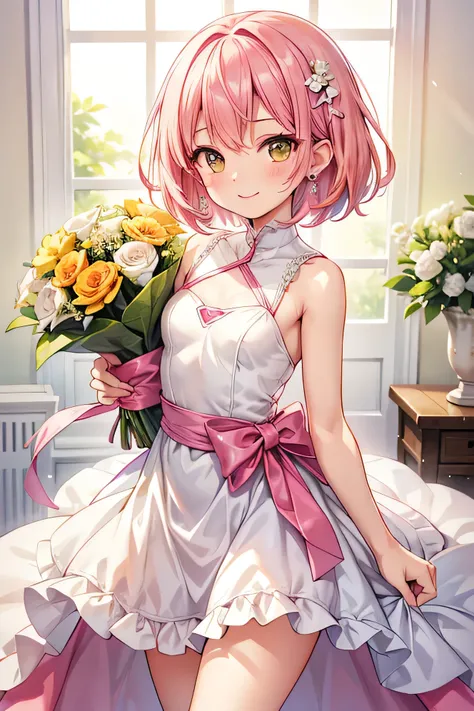 The breast size is smallest and flat like a boy.

He holds an overflowing bouquet.
She is wearing a yellow-green wedding dress, with her eyes closed and a smile on her face.

An anime-style girl has pink hair,straight short bob Hair, pink hair and brown ey...