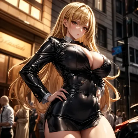 ((best quality)), ((Masterpiece)), ((Enrich the picture，Masterpiece level quality)), golden hair, Curtainbangs very big breasts, golden eyes, fierce woman, street fasion, sexy white mafia shirt , mini black skirt, Black Mafia Suit, eyes details, best quali...