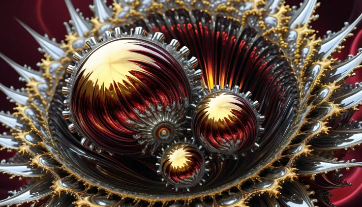 A striped globular mandelbulb fractal mass made of liquid metal with glossy reflections, twisting in madness optical illusion, gold and silver and dark red colors, futuristic cybernetic fractal, rich in details, high resolution, ultra-detailed, sharp focus...