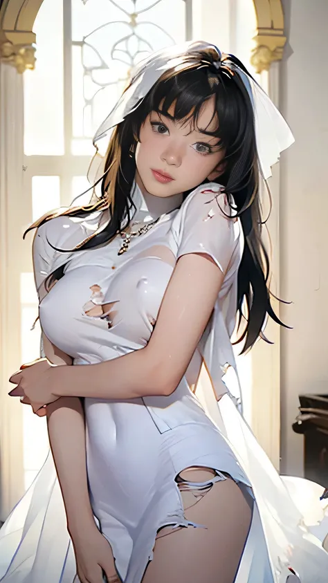 (realistic:1.5, 16k, top quality, masterpiece,  Ultra High Resolution ), perfect dynamic composition:1.2, ((woman１people々)), ((Stylish venue :1.5)), ((Bright venue :1.5)), (Expressions of sadness:0.9), (((gorgeous white see-through dress:1.5))), Highly Det...