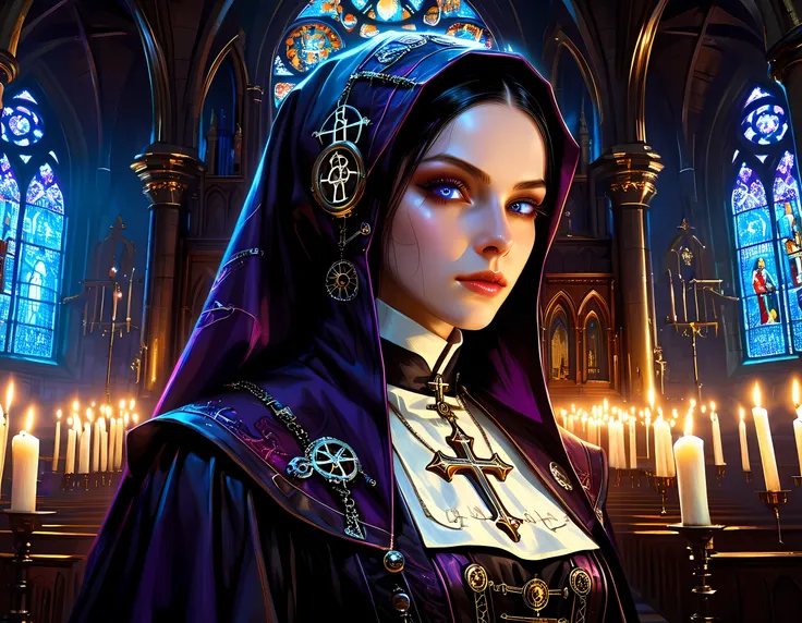  a picture of a steampunk nun in a church, epic beautiful human woman (best details, Masterpiece, best quality), ultra detailed face (best details, Masterpiece, best quality), black hair, blue eyes, pale skin, intricate white nun habit, (best details, Mast...