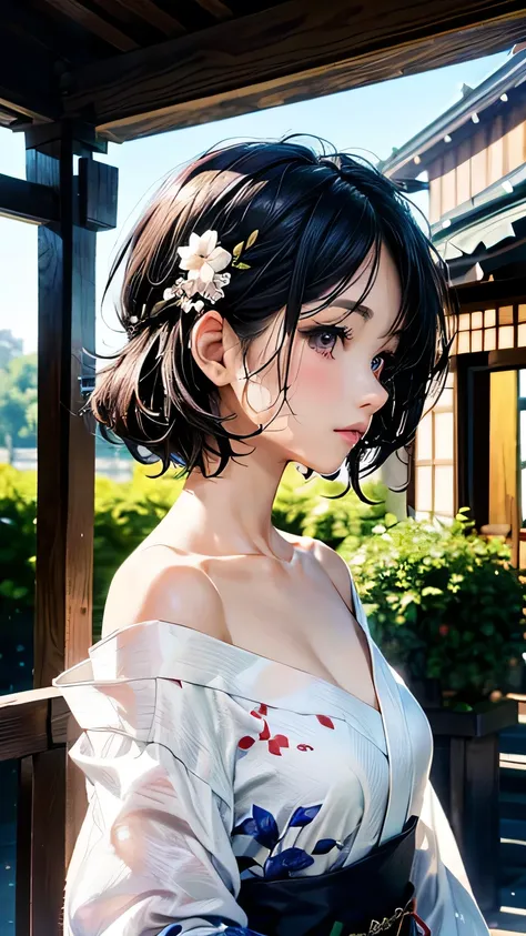 ink painting style, ink wash painting,(Official Art、top quality、 Unity 8k Wallpaper、32K、masterpiece、very detailed、Ultra High Resolution、 oil painting style :1.2)、slender、medium bust、(full body:1.2)、(Profile、I looked away) :1.2)、high detailed background、 a...