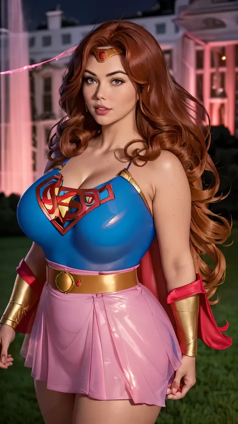 donnatroy, DisneyAurora, Beautiful woman, Kate Upton, 47 years old, (((shoulder length wavy auburn hair, hair pulled back with bangs))) defined body, voluptuous, sexy, Red lipstick, hands free, mouth slightly open, smiling, standing facing camera, (((blue ...