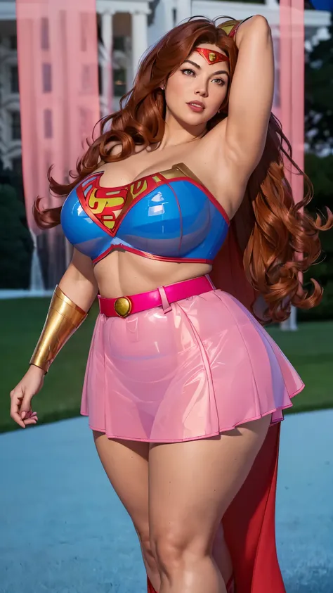 donnatroy, DisneyAurora, Beautiful woman, Kate Upton, 47 years old, (((shoulder length wavy auburn hair, hair pulled back with bangs))) defined body, voluptuous, sexy, Red lipstick, hands free, mouth slightly open, smiling, standing facing camera, (((blue ...