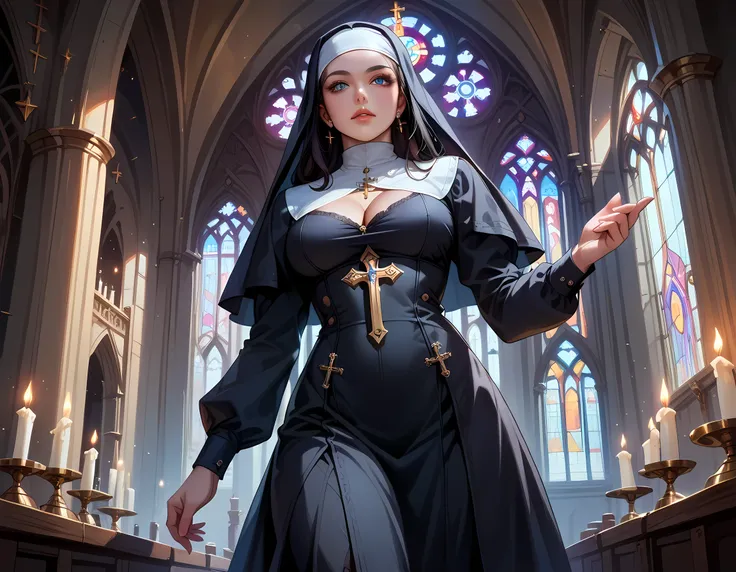  a picture of a sexy goth nun in a church, epic beautiful human woman (best details, Masterpiece, best quality), ultra detailed face (best details, Masterpiece, best quality), black hair, blue eyes, pale skin, intricate white nun habit, (best details, Mast...