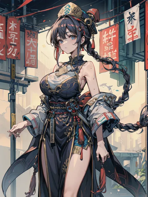 ideal ratio body proportions, perfect anatomy, correct body, earring, huge breasts, narrow waist, short hair, black hair, wavy hair, hair behind ear, half updo, looking at viewer, sweat, cowboy shot, outdoor, dress, braid, chinese clothes, headwear, ofuda,...