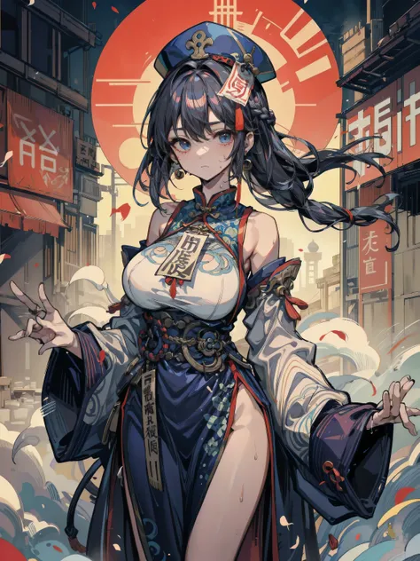 ideal ratio body proportions, perfect anatomy, correct body, earring, huge breasts, narrow waist, short hair, black hair, wavy hair, hair behind ear, half updo, looking at viewer, sweat, cowboy shot, outdoor, dress, braid, chinese clothes, headwear, ofuda,...