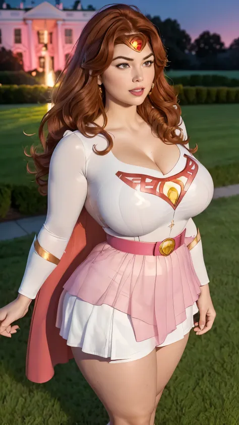 donnatroy, DisneyAurora, Beautiful woman, Kate Upton, 47 years old, (((shoulder length wavy auburn hair, hair pulled back with bangs))) defined body, voluptuous, sexy, Red lipstick, hands free, mouth slightly open, smiling, standing facing camera, (((white...