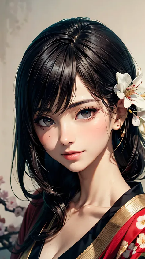 ink painting style, ink wash painting, very well detailed, super realistic, Bust, close-up, tight framing, Mysterious Woman, traditional japanese bar, elegant, mesmerizing gaze , almond-shaped eyes, Soft Mysterious Smile, Delicate Facial Fea...