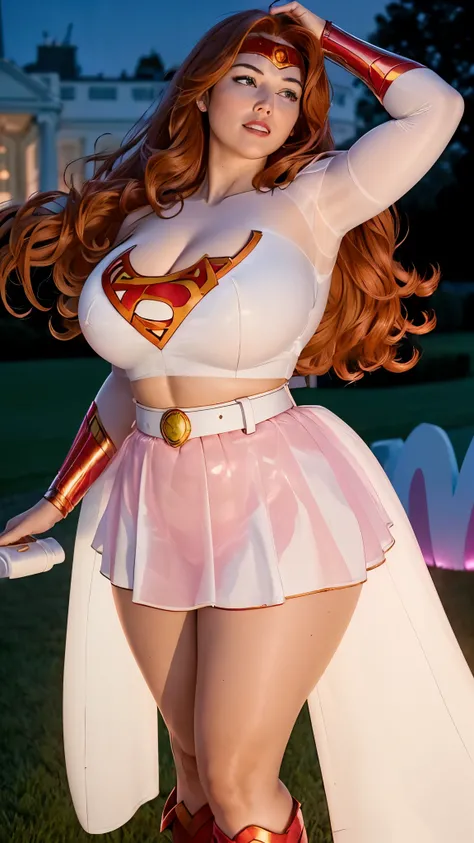 donnatroy, DisneyAurora, Beautiful woman, Kate Upton, 47 years old, (((shoulder length wavy auburn hair, hair pulled back with bangs))) defined body, voluptuous, sexy, Red lipstick, hands free, mouth slightly open, smiling, standing facing camera, (((white...