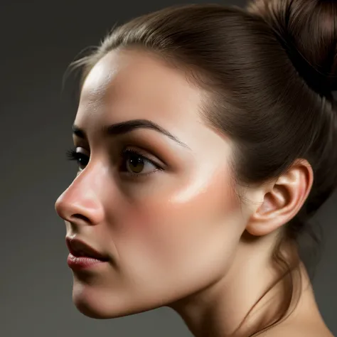 Hyper-realistic portrait of a woman in right profile, with a close-up of her ear. The face is oval with a slight triangular tendency, combining softness and definition. The jawline is slightly angular but delicate, with a refined and harmonious chin. The c...