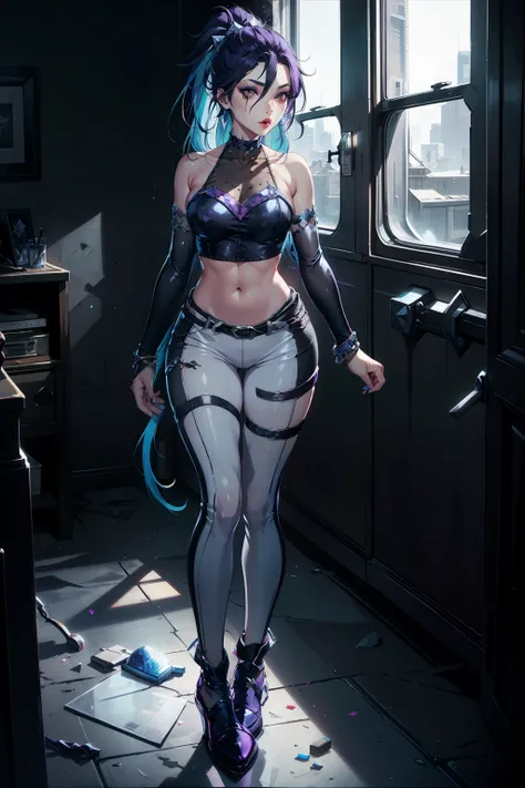 score_9, masterpiece, full body, league of legends, front view, upper body photo, andand alloutanandisa, 1 , Alone, and/and \(league of legends\), ponytail, hair ornament, very and rand hair, multicolored hair, Very long hair, hair between the eyes, hair c...