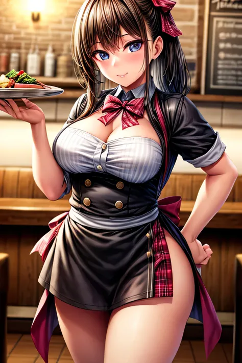 4K quality,  sharp image quality, pretty girl,  waitress costume, restaurant, 