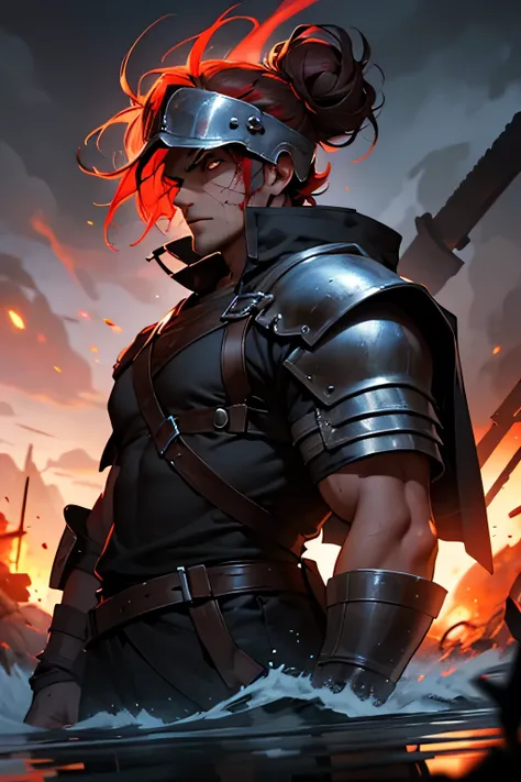 An imposing Knight of the Apocalypse with 2 meters high, wearing a inspired by Spartan warriors, with rustic and war-worn details. His helmet recalls ancient Spartan helmets, but without a visor, revealing his stern face with bright red eyes, that emanate ...