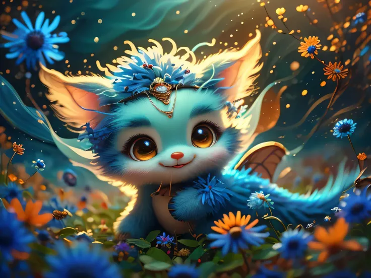 whimsical airbrush and oil painting, best angle of a Very cute mythical graceful transparent anthropomorphic furry blue cornflower spirit holds cornflower, thin arms, fragile thread legs, blue cornflower spirit, Mystical field where cornflower grows in a p...